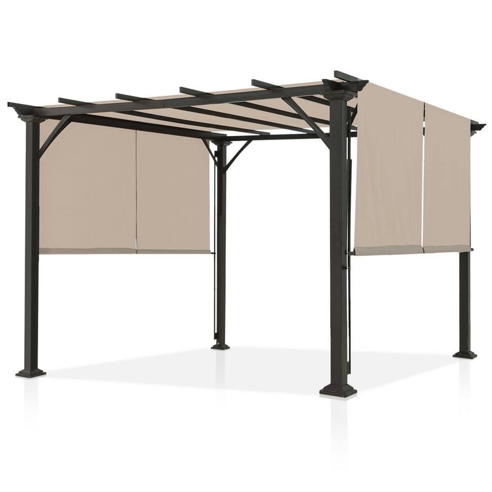 Beige 10x10 Metal Patio Pergola with Retractable Canopy