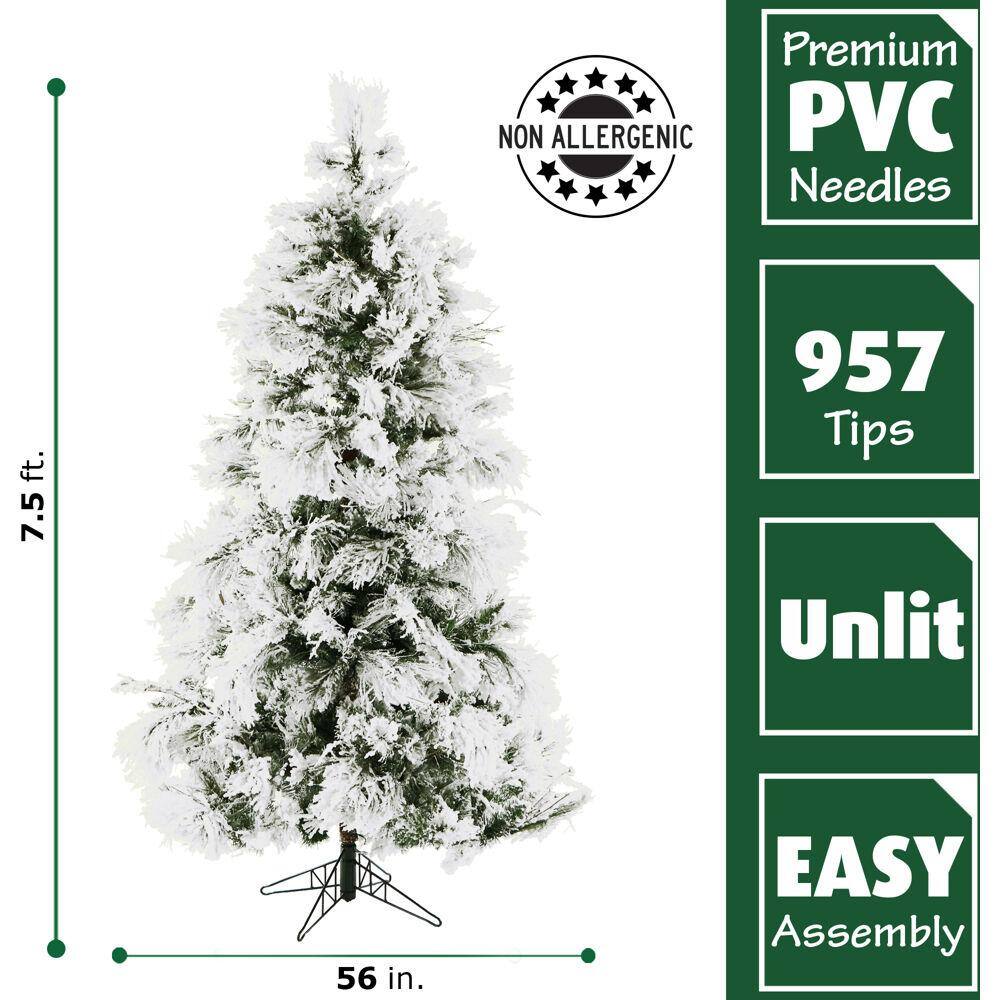 7.5 ft White Flocked Pine Artificial Christmas Tree with Metal Stand