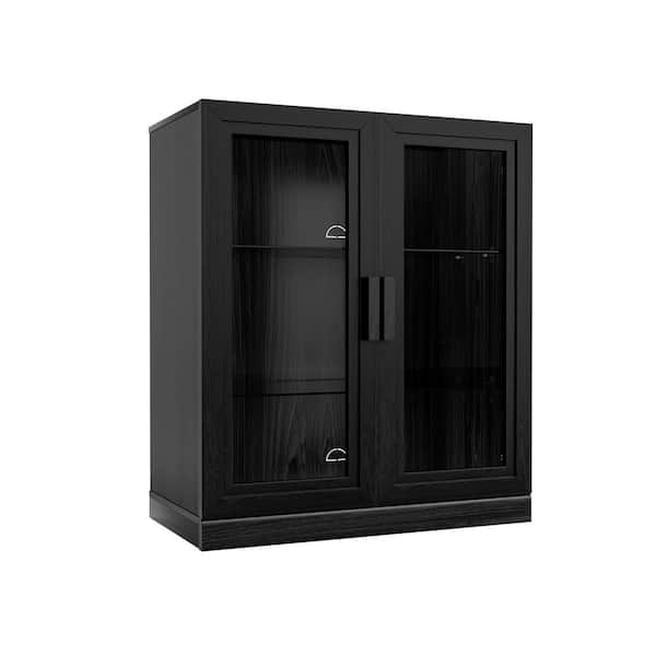 Solid Wood Black 36 in. H Storage Cabinet with Adjustable Shelves Glass Door