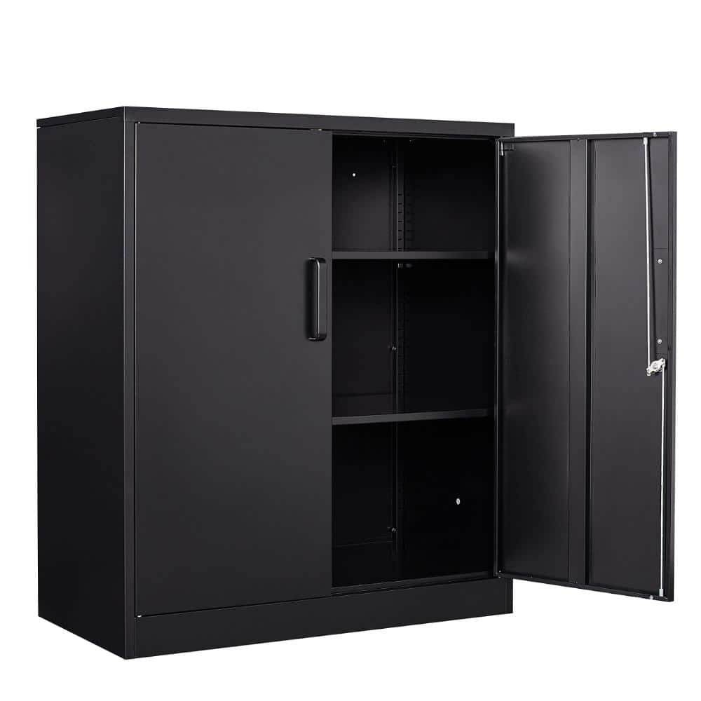15.7"D x 31.5"W x 35.4"H Black Metal Garage Storage Cabinet with 2 Doors and 2 Adjustable Shelves, 120 lb. Load