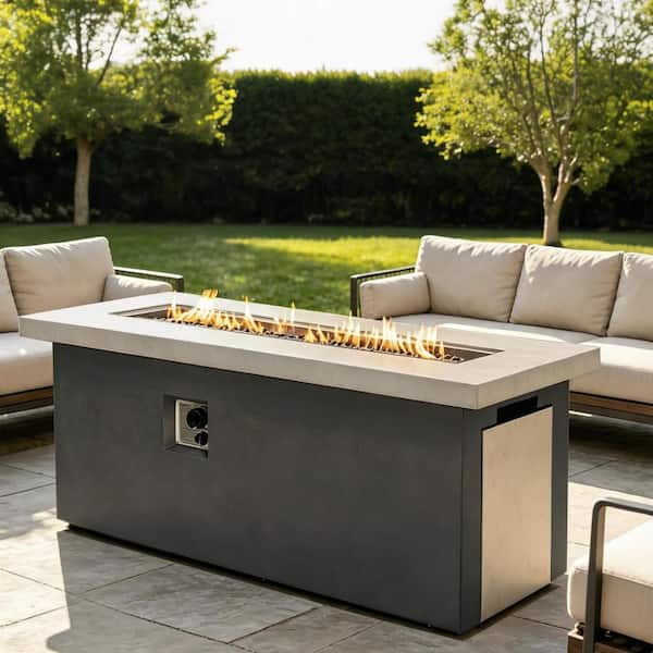 60 in. Rectangular Concrete Propane Gas Outdoor Fire Pit Table, 60000 BTU Fire Pit with Rain Cover, Hidden Tank Storage