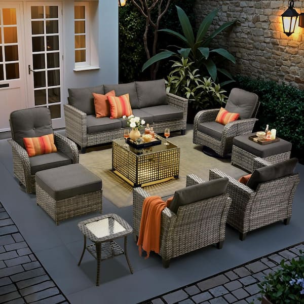 New Vultros Gray 9-Piece Wicker Patio Conversation Set with Black Cushions and Solar LED Coffee Table