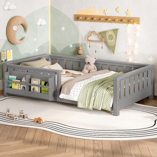 Gray Twin Size Pine Wood Low Platform Bed with Safety Guardrails and Built-in Bookshelf