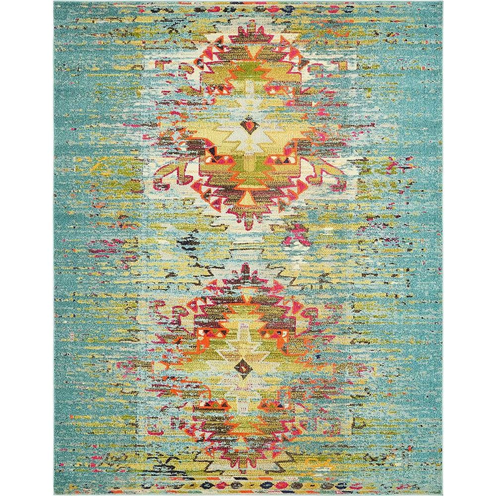 Reversible Abstract Blue Synthetic 8' x 10' Easy-Care Area Rug