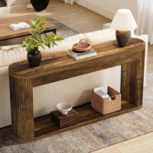 Benjamin 63 in. Vintage Rectangle Wood Fluted Console Table for Entryway, Long Sofa Table Behind Couch Table