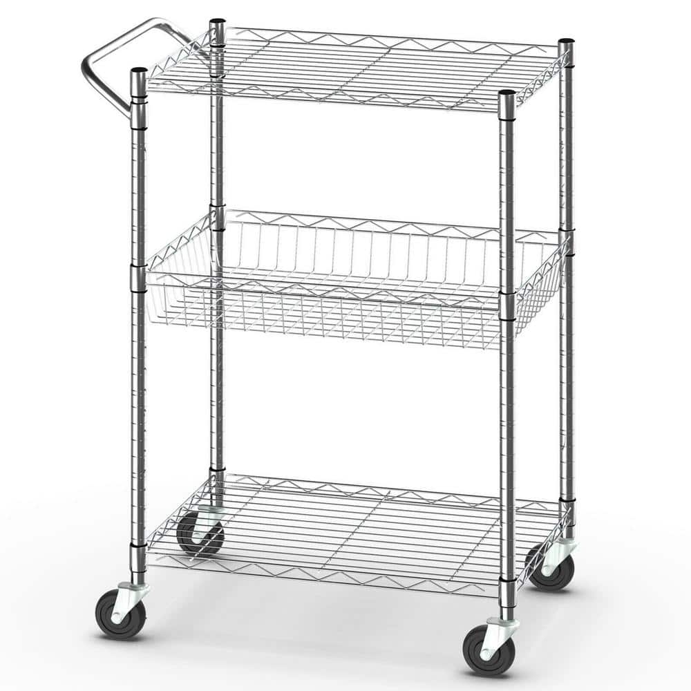 3-Tier Silver Steel Rolling Utility Kitchen Trolley Cart Storage Rack, 36 1