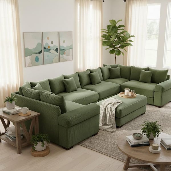 LZXNSN 137.7 in. Straight Arm 7-Piece Corduroy Modular Sectional Sofa with Ottoman and Ergonomic Design in Olive Green