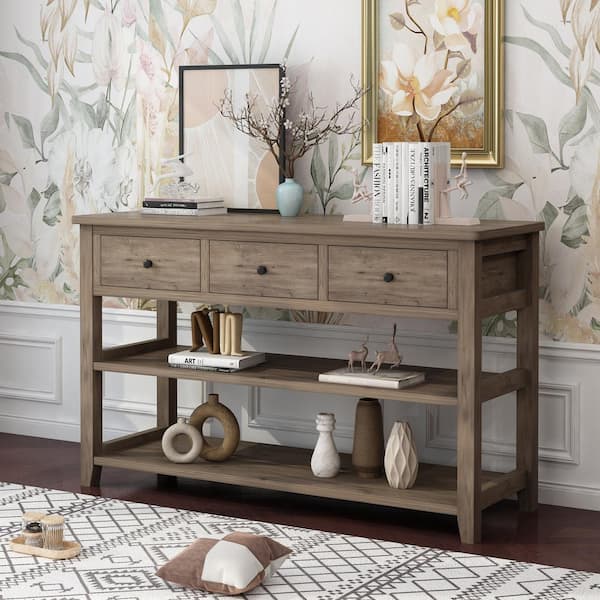 Karl home 47.25 in. Washed Grey Rectangle MDF Console Table with 3-Drawers and 2 Shelves