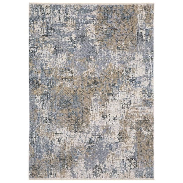 7 ft. x 10 ft. Beige And Blue Abstract Distressed with Fringe Area Rug