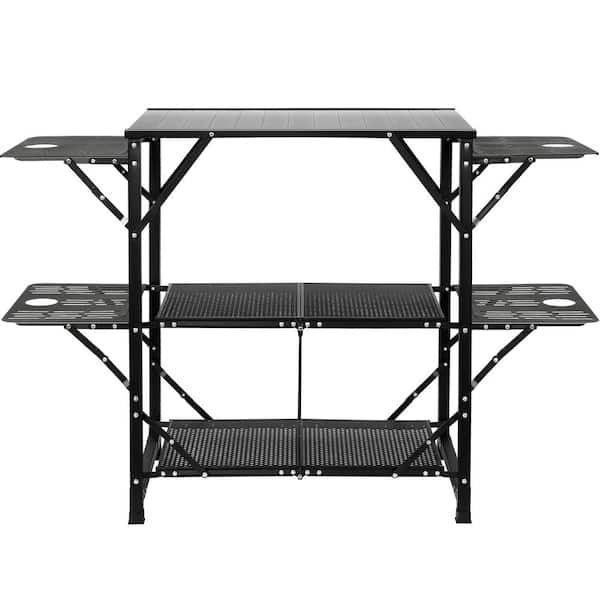 SKYSHALO Camping Kitchen Table, 1-piece Folding Portable Cook Station with A Carrying Bag, Aluminum Camping Table 4 Iron Side