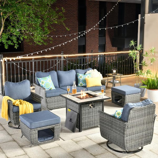 HOOOWOOO Sierra Black 7-Piece Wicker Multi-Use Fire Pit Patio Conversation Sofa Set with Swivel Chairs and Denim Blue Cushions