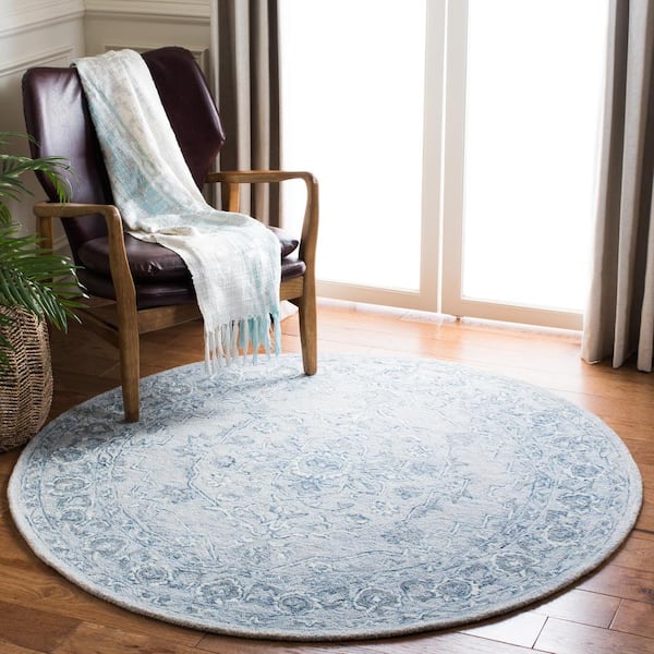 Micro-Loop Light Blue/Ivory 7 ft. x 7 ft. Floral Border Round Area Rug