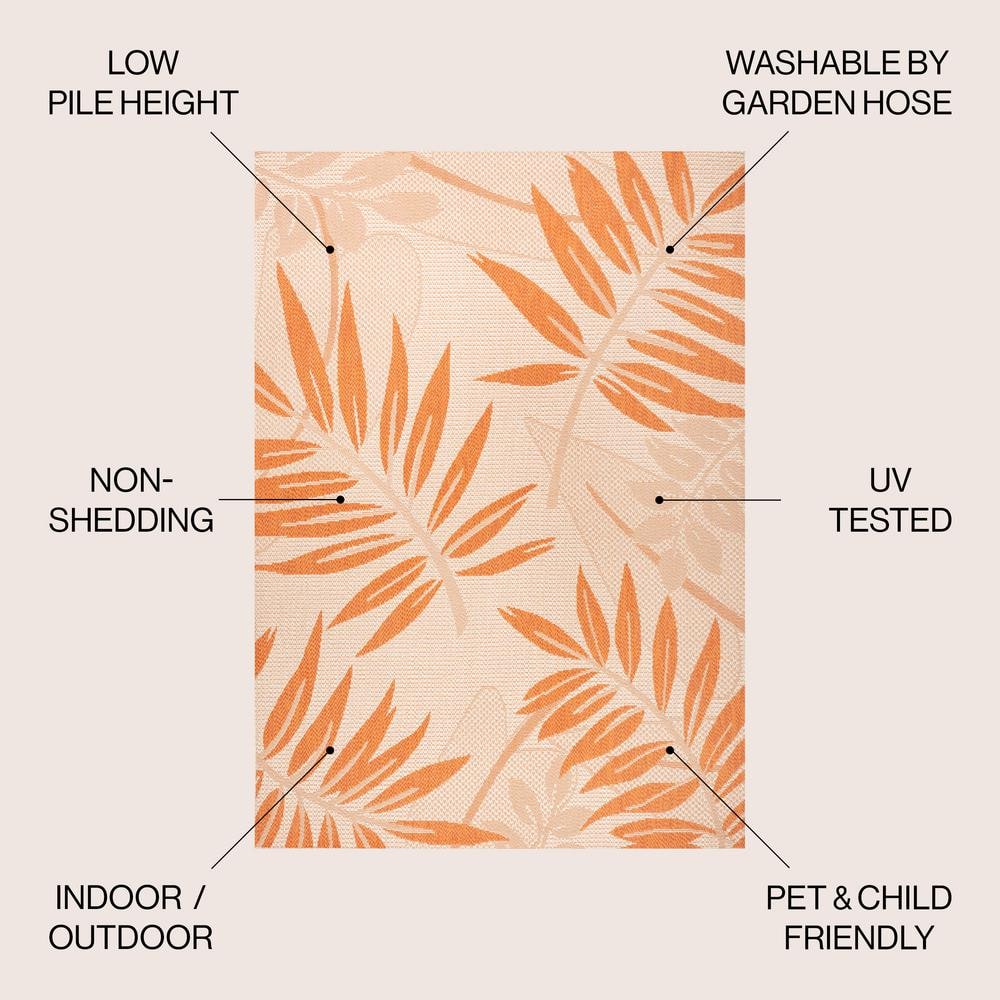 Tropical Palm Leaf Cream/Orange 5x8 Indoor/Outdoor Easy-Care Rug