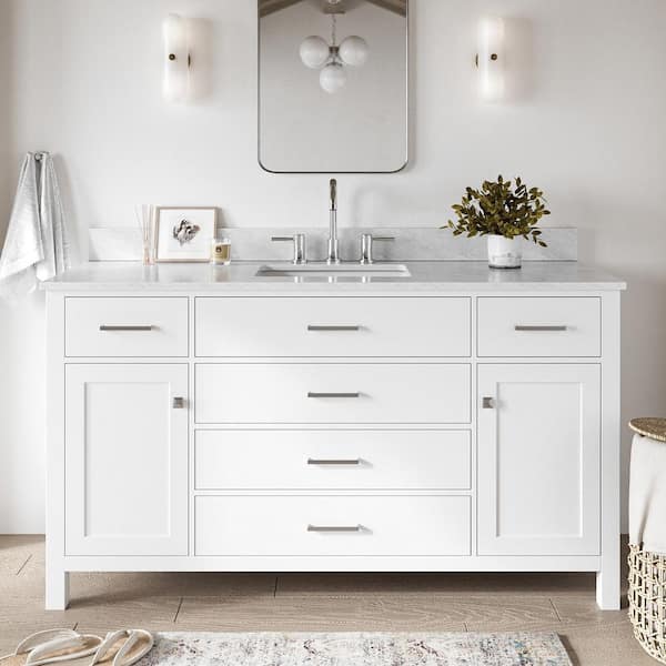 ARIEL Bristol 61 in. W x 22 in. D x 35.25 in. H Freestanding Bath Vanity in White with White Marble Top