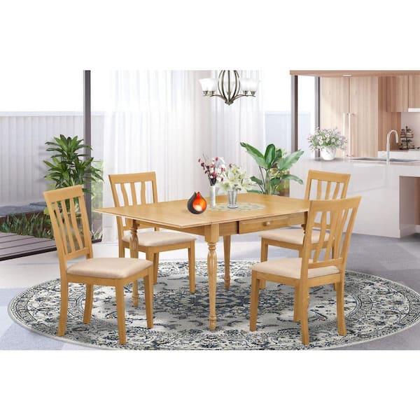 East West Furniture 5-Piece Natural Oak Finish Solid Wood Top-Dining Room Set with Dropleaf-Seats 4