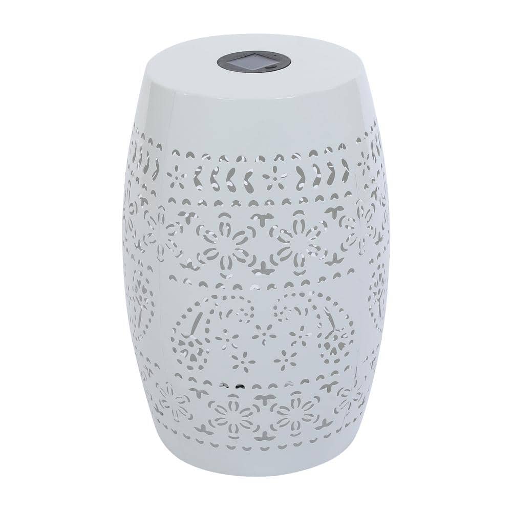 White Round Outdoor Side Table Solar End Table with Solar Powered Light