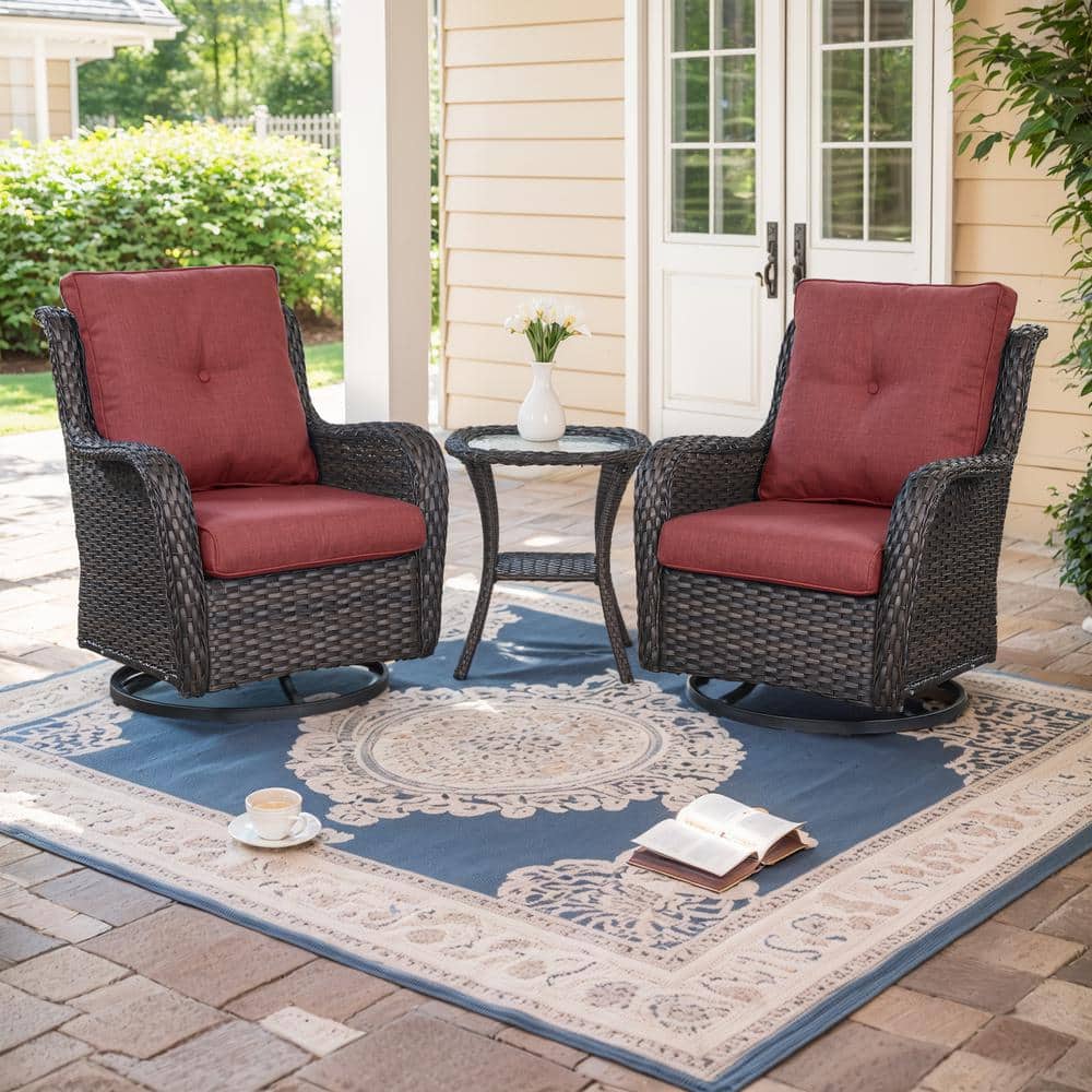 Arcline Brown 3-Piece Wicker Outdoor Rocking Chair Patio Conversation Set with Red Cushions and Side Table price history on PriceWatchPro