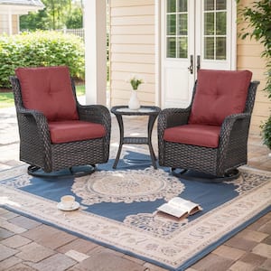 Brown 3-Piece Wicker Outdoor Rocking Chair Patio Conversation Set with Red Cushions and Side Table