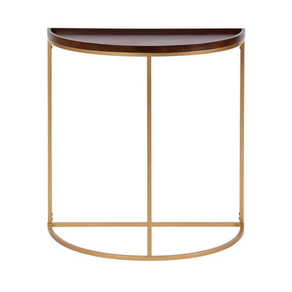 Walnut Brown and Gold Half-Circle Console Table with Storage