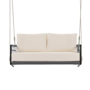 Modern 2-Person Metal Outdoor Porch Swing with Woven Rope, Sturdy & Durable in Waterproof & UV-Resistant Beige Cushions