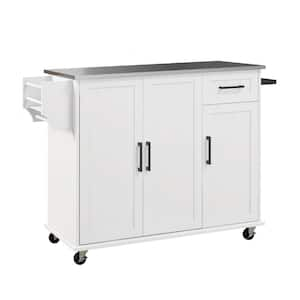 Rolling White Stainless Steel Countertop 50.5 in. Kitchen Island with Drawers