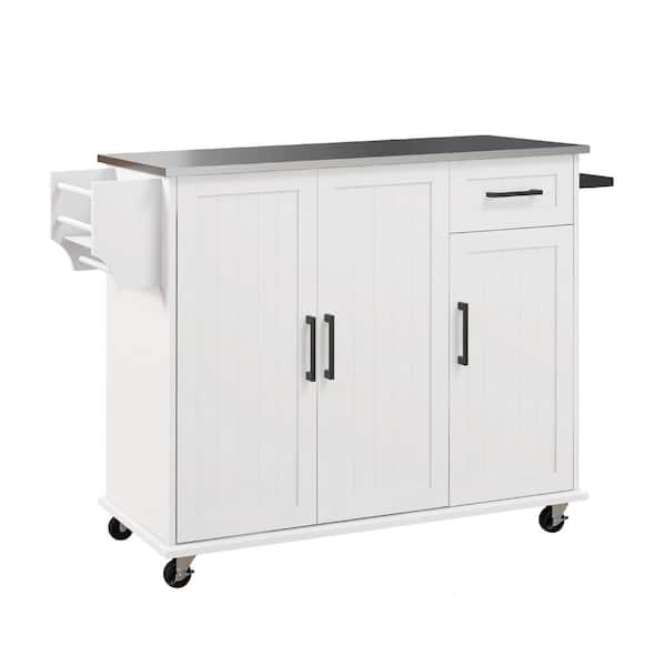 FAMYYT Rolling White Stainless Steel Countertop 50.5 in. Kitchen Island with Drawers
