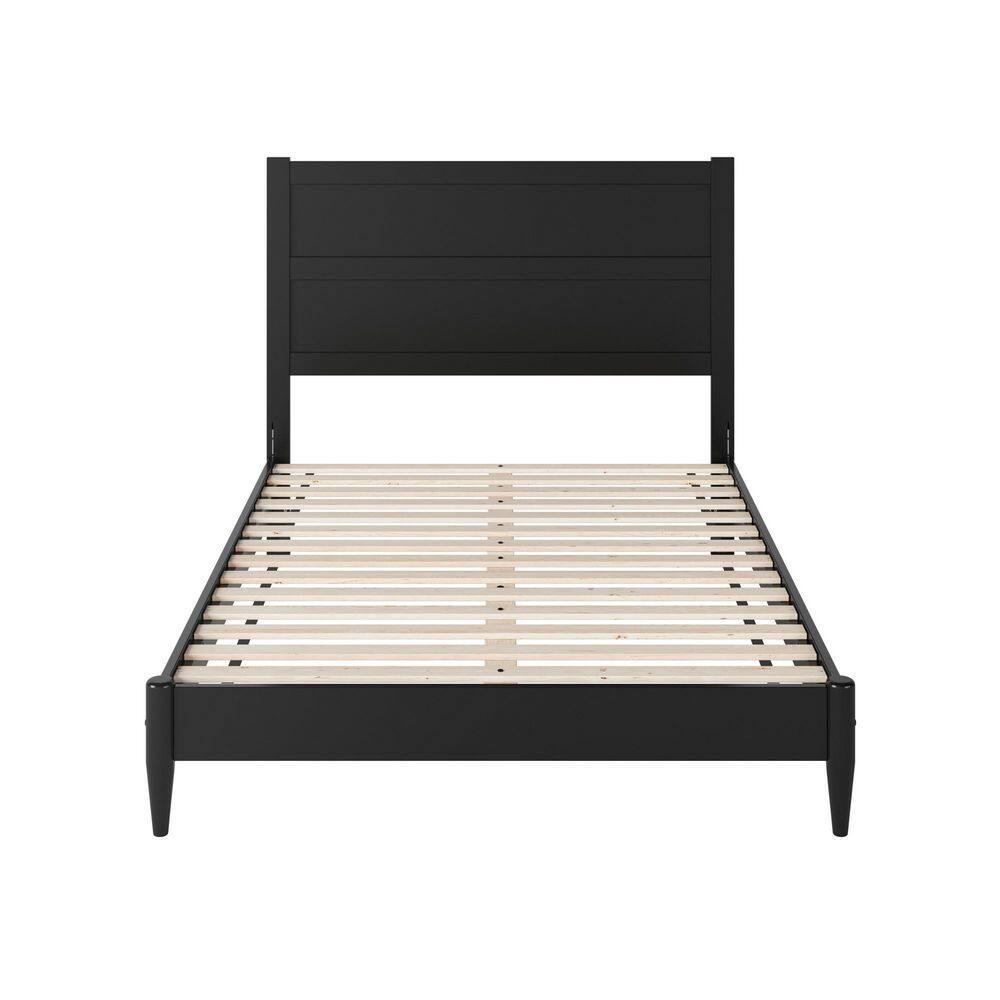 Front view of a black wood platform bed frame with light wood slats.