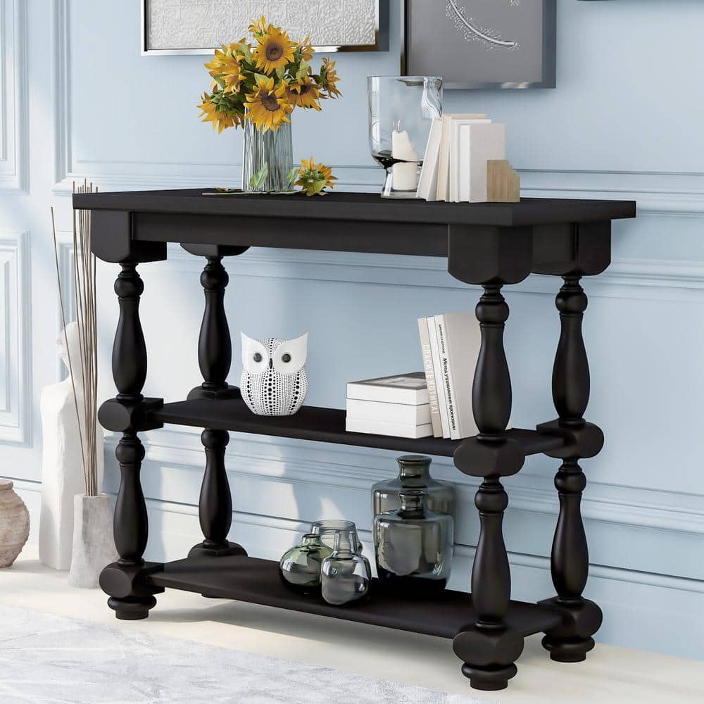 GODEER 39.4 in. Dark Brown Rectangle Wood Console Table Sofa Table ...