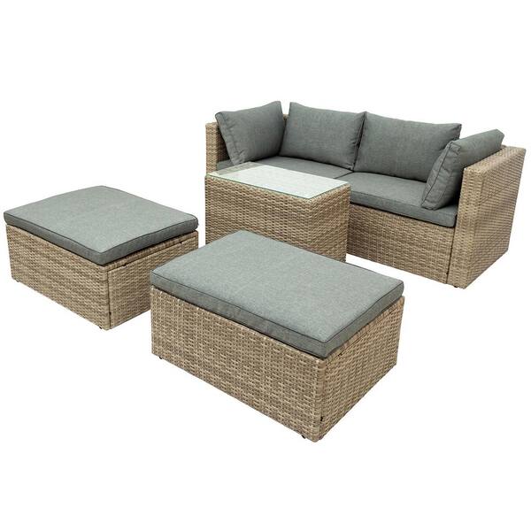 Direct Wicker Plato Brown 5 Piece Rattan Outdoor Patio Furniture Set Sectional Sofa With Gray Cushions Sh000139aae The Home Depot - Brown Rattan Patio Furniture Set