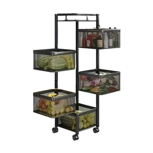 1-Piece 5-Tier Square Metal Rotating Kitchen Storage Rack Fruit Baskets with Locking Wheels, Perfect for Fruits, Black