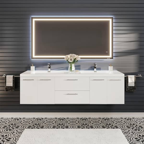 Axis 72 in. Double Sink Floating White Bath Vanity with White Acrylic Top (Assembled)