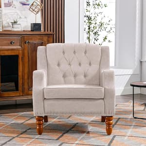 24.8 in. Wide Linen Button Tufted Upholstered Armchair, Accent Chair with Vintage Brass Studs, Beige