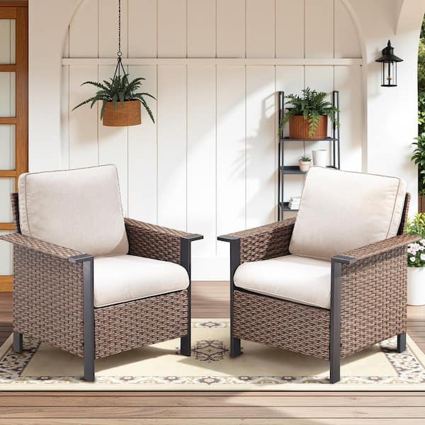 Buenaola Brown Wide Armrests Patio Wicker Outdoor Lounge Chair with Beige Cushions (2-Pack)