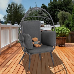 Black Wicker Outdoor Dining Chair Egg Basket Chair with Stand Grey Cushions