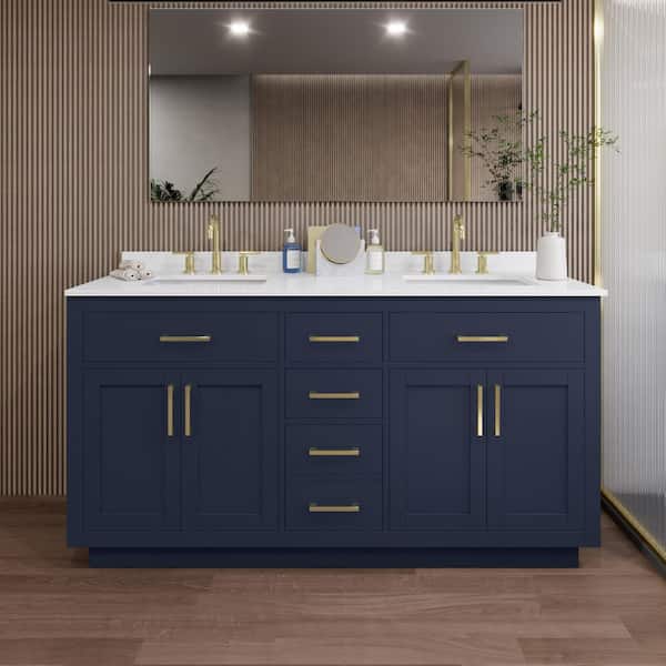 Wyndham Collection Beckett TK 66 in. W x 22 in. D x 35 in. H Double Bath Vanity in Dark Blue with White Quartz Top