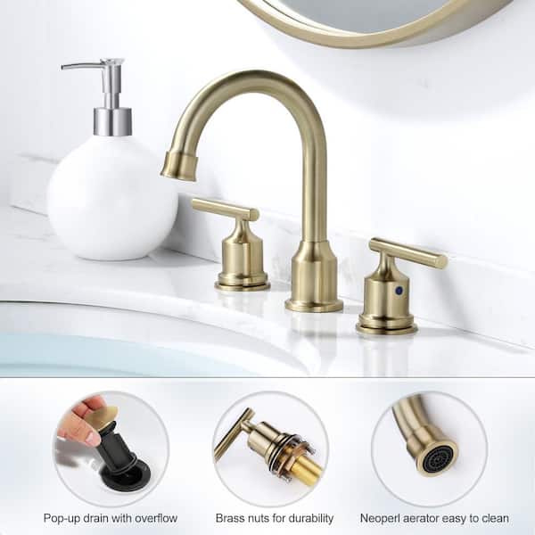 8 in. Widespread Double Handle High Arc Bathroom Faucet with Pop Up Drain and Supply Lines Included in Gold