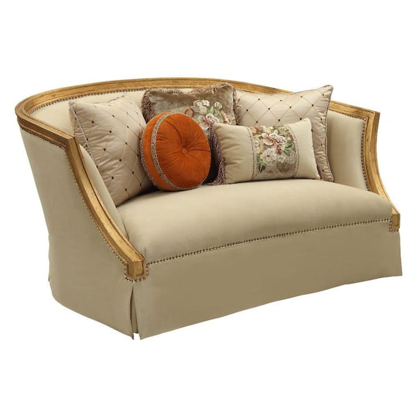 Benjara 41 in. Beige and Gold Solid Fabric 2-Seater Loveseat with Sloped Arms And Five Pillows