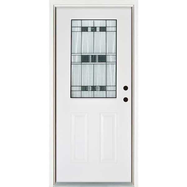 32 in. x 80 in. Left-Hand Inswing 1/2-Lite Savana Decorative Glass White Finished Fiberglass Prehung Front Door