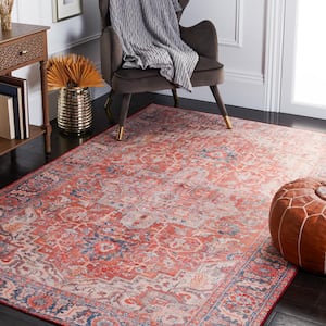Tuscon Rust/Navy 8 ft. x 10 ft. Machine Washable Floral Border Area Rug