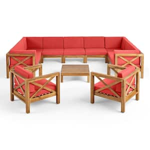 Brava Teak Brown 10-Piece Wood Outdoor Patio Conversation Sectional Seating Set with Red Cushions