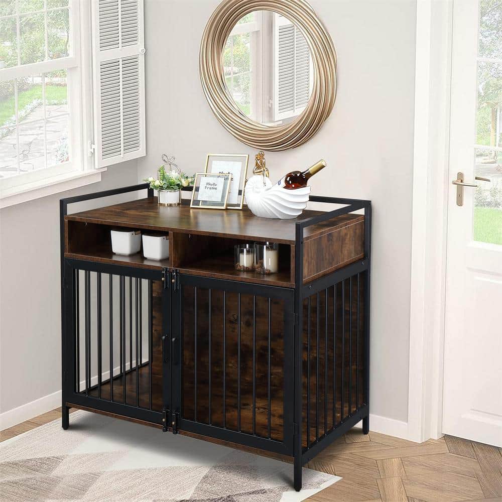 38.6" Rustic Brown Metal and MDF Dog Cage with Storage