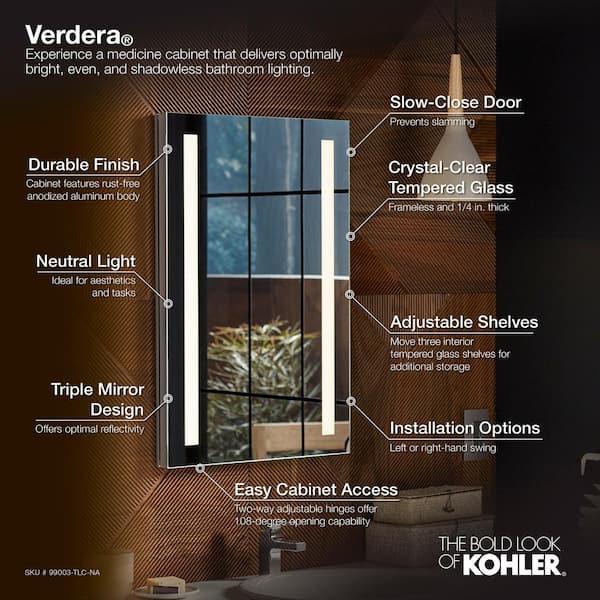 KOHLER Verdera 20 in. W x 30 in. H Recessed Lighted Medicine Cabinet K 99003 TLC NA The Home Depot