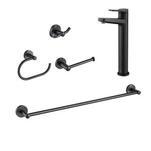 Indy Single Hole Single-Handle Bathroom Faucet with Towel Bar, Paper Holder, Towel Ring and Robe Hook in Matte Black