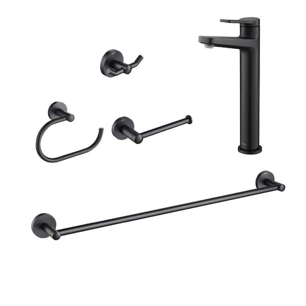 KRAUS Indy Single Hole Single-Handle Bathroom Faucet with Towel Bar, Paper Holder, Towel Ring and Robe Hook in Matte Black