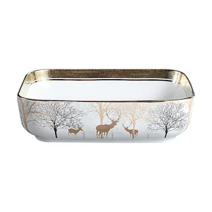 19.7 in . Ceramic Rectangular Vessel Sink in White with Deer and Forest Pattern