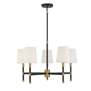 Brody 28 in. W x 18 in. H 5-Light Matte Black with Warm Brass Accents Chandelier with White Fabric Shades