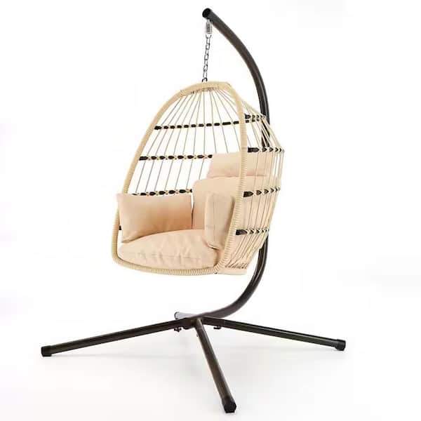 Miscool Anky 3.5 ft. 1-Person Steel Frame Brown Wicker Free Standing Egg Chair Patio Swings Hammock Chair with Beige Cushions