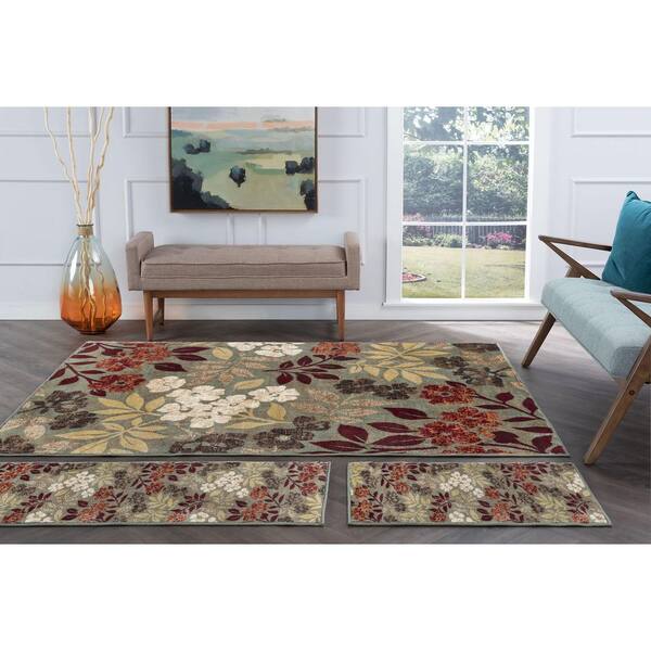 Deco Floral Seafoam 5 ft. x 8 ft. Indoor 3-Piece Rug Set