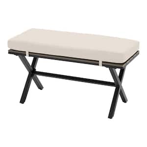 Laguna Point Brown Steel Wood Top Outdoor Patio Bench with CushionGuard Almond Tan Cushions