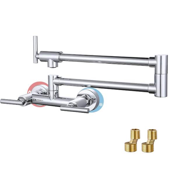 VEVETTA Wall Mounted Pot Filler Kitchen Faucet with 3-Handles and 360° Spout Swivel in Polished Chrome